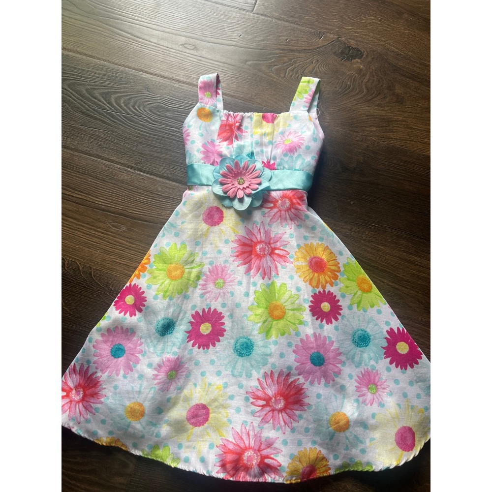 Youngland Girls Floral Daisy Dress Size 6 Pink Yellow Blue Satin Sash